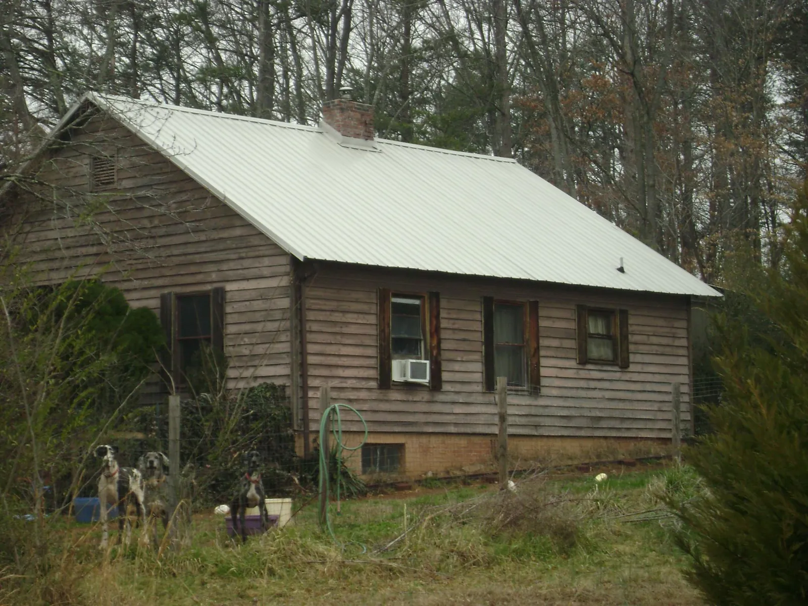 White metal roof on an old wood sided farmhouse, from a Metal Roof Installation job in Bear Creek